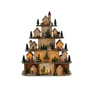 Konstsmide Holzsilhouette Weihnachtsdorf mit 5 beleuchteten Ebenen, Häusern, Figuren und LEDs für festliche Innendekoration.