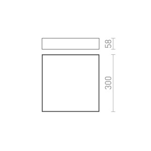 Maße der Rendl Deckenleuchte Larisa Sq 30. Quadratische LED-Deckenleuchte, 300x300x58 mm.