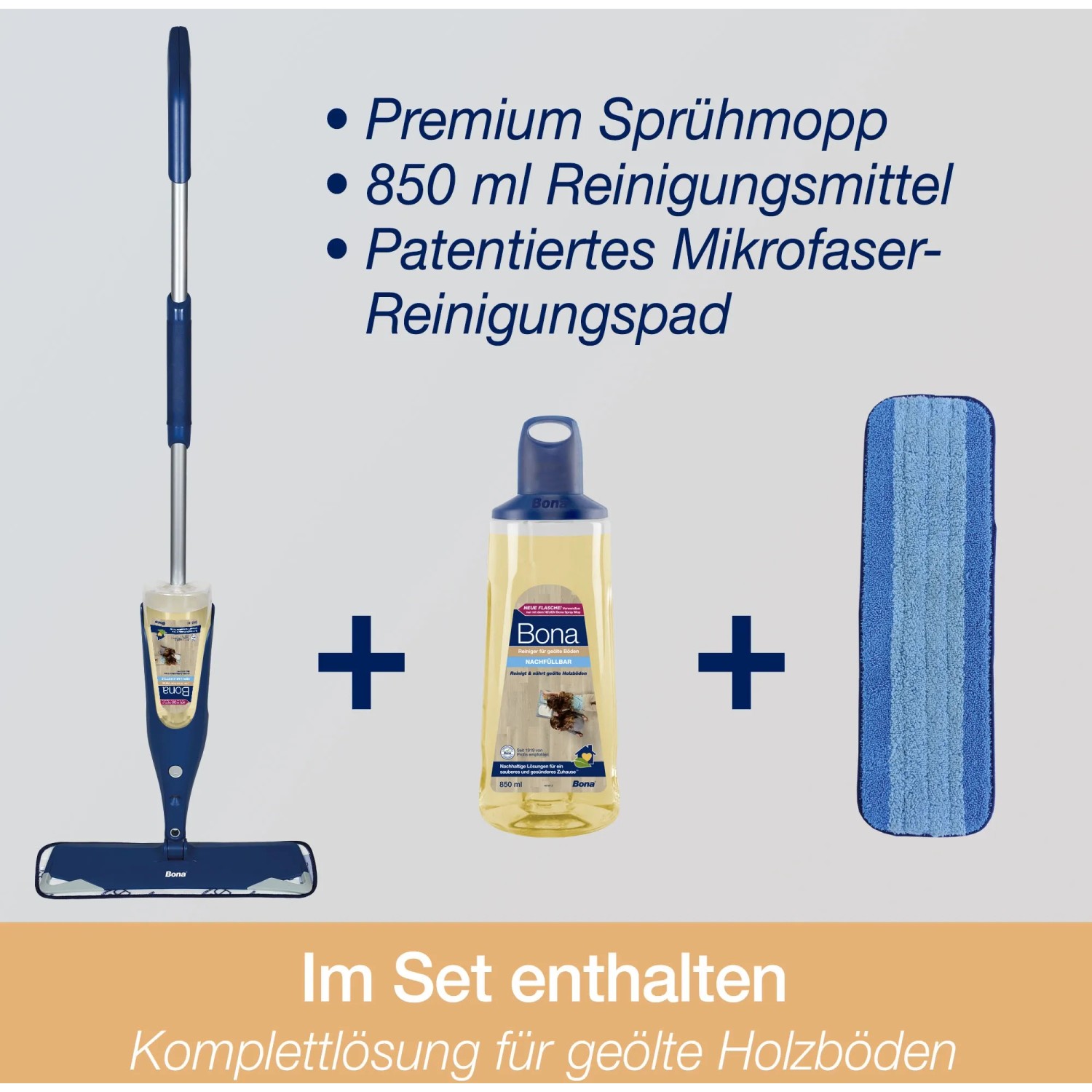 Bona Spray Mop Set für geölte Böden: Sprühmopp, Reiniger (850ml) und Mikrofaserpad.