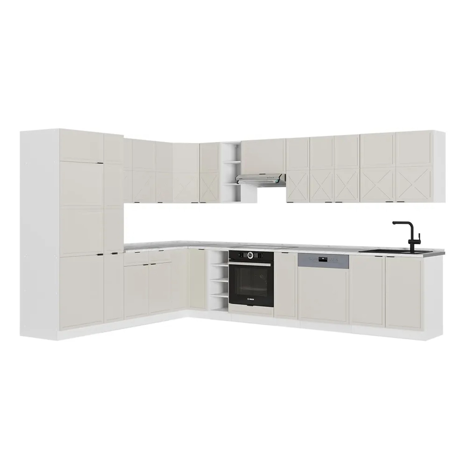 Vicco Fame-Line Eckküche GrauBeige/Weiß 347 x 257 cm AP Marmor ohne E-Geräte