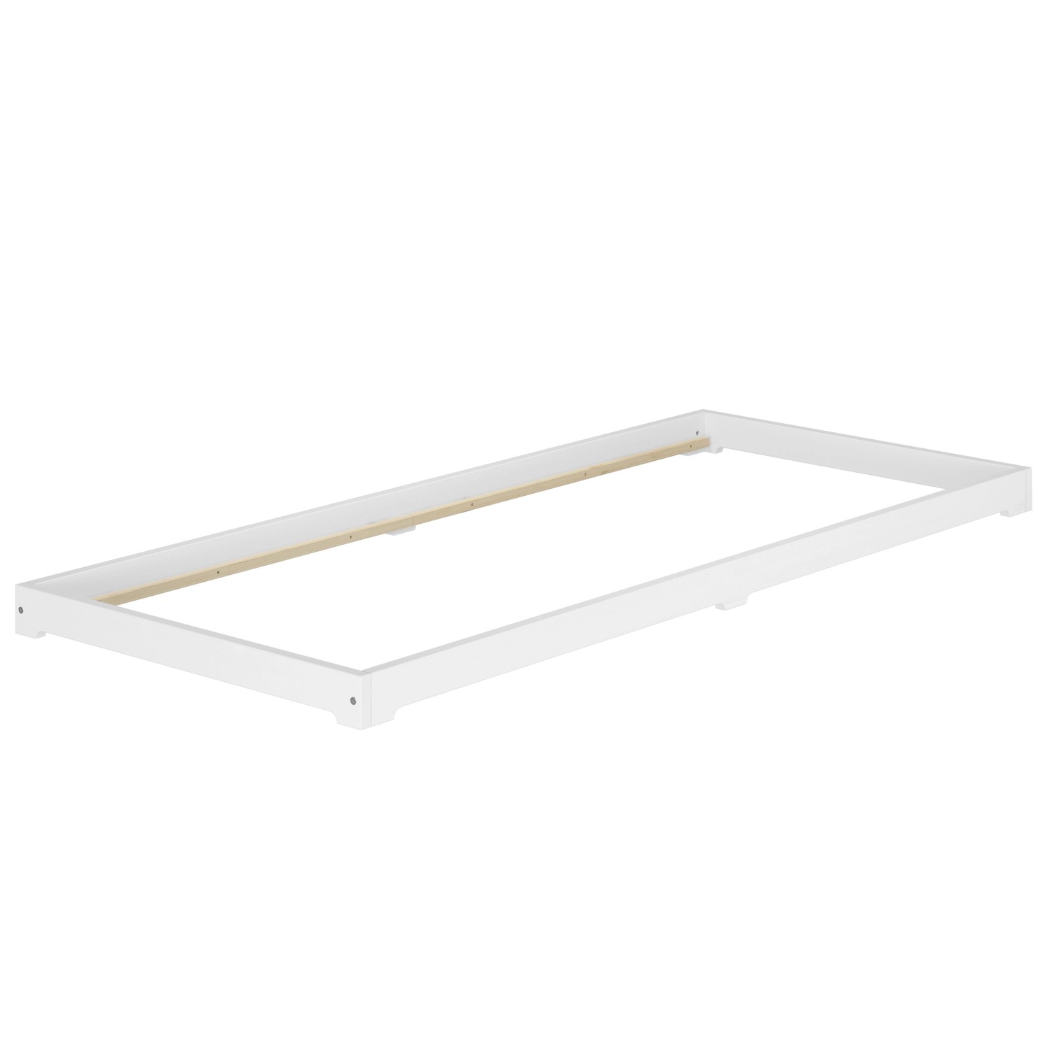 Weißes Kiefer Niedrigflurbett 80x200 cm, extra niedriges Holzbett ohne Zubehör.