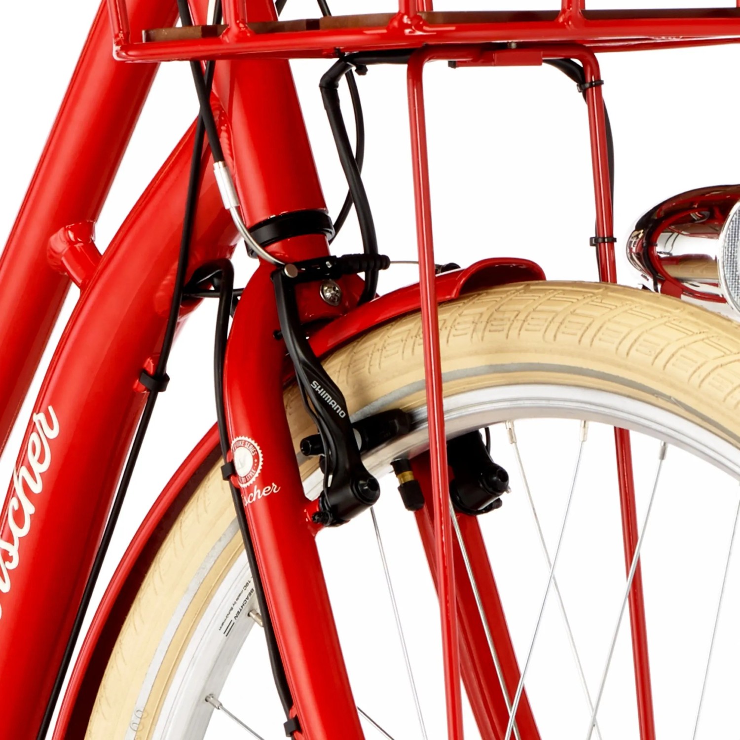 Detailaufnahme: Rotes Fischer Hollandrad E-Bike Cita Retro 2.0 mit Frontkorb.