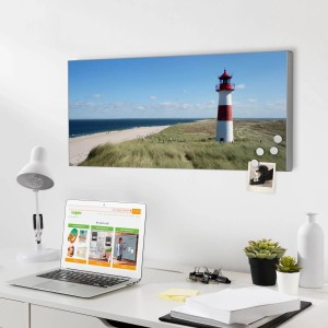 Magnettafel mit Leuchtturm Motiv, 78x37cm. Silberne Magnetwand für Notizen mit 4 Magneten.