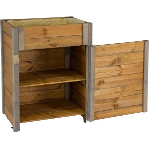Rollbarer Gartenschrank mit Pflanzkasten in Braun/Grau. Holzschrank mit Regalen und Tür.