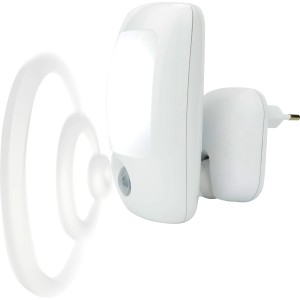 Weißer 3in1 LED Bewegungsmelder mit Stecker und flexibler Halterung als Alarmanlagen Zubehör.