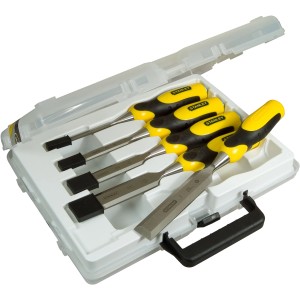 Stanley DynaGrip Stechbeitel Set, 5-teilig im Koffer. Hobel und Beitel mit gelb-schwarzen Griffen.