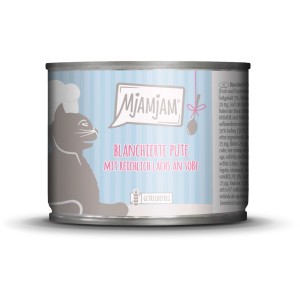 Mjamjam Nassfutter Dose mit Pute und Lachs für Katzen.