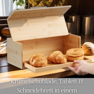 Offener Ecosa Brotkasten aus Bambus mit Gebäck und Krümelschublade.