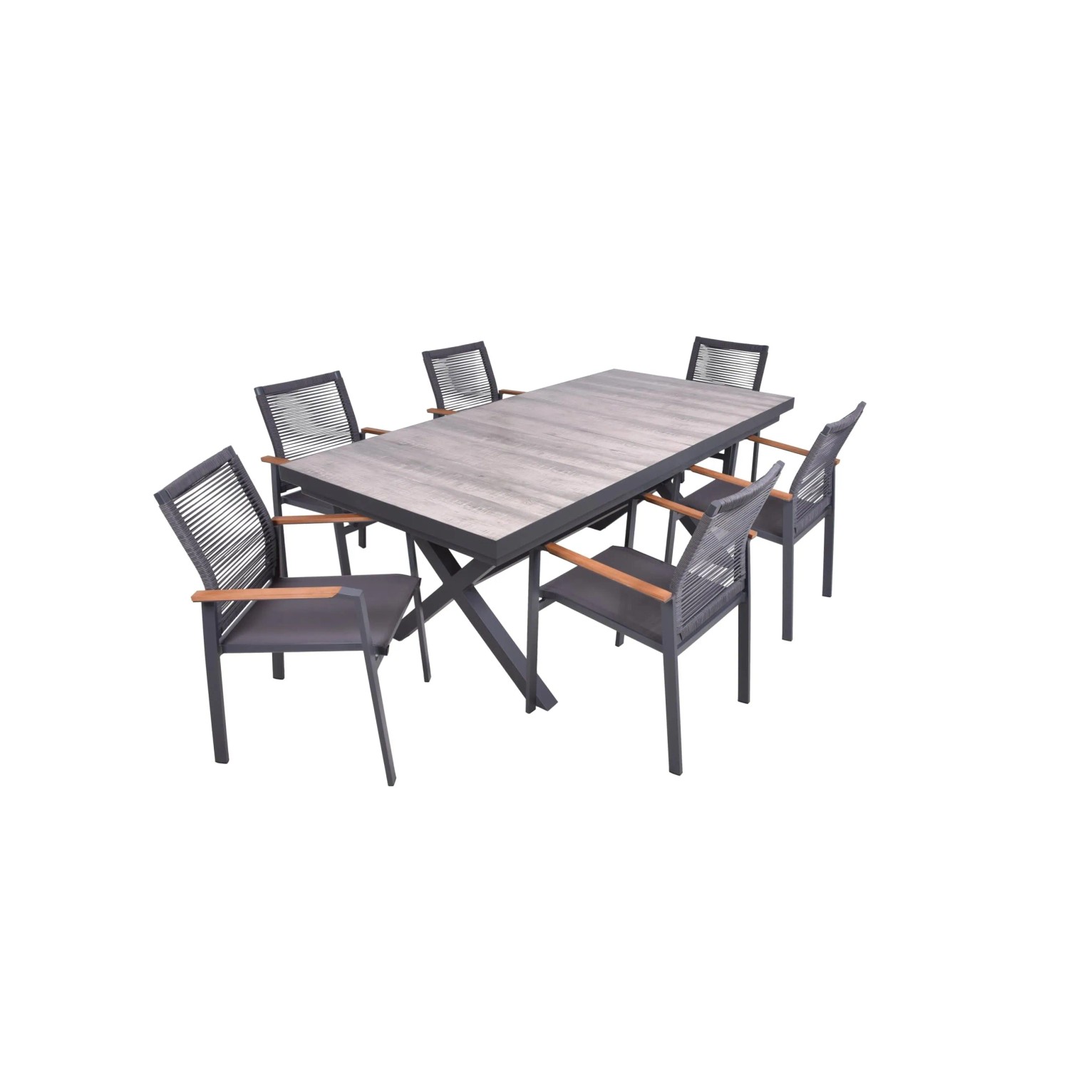 DELUKE Garten-Sitzgruppe JANA 7-tlg. Alu-Keramik Eiche-Optik Grau Gartenmöbel-Set Garten-Essgruppe Stapelstühle G Esstisch