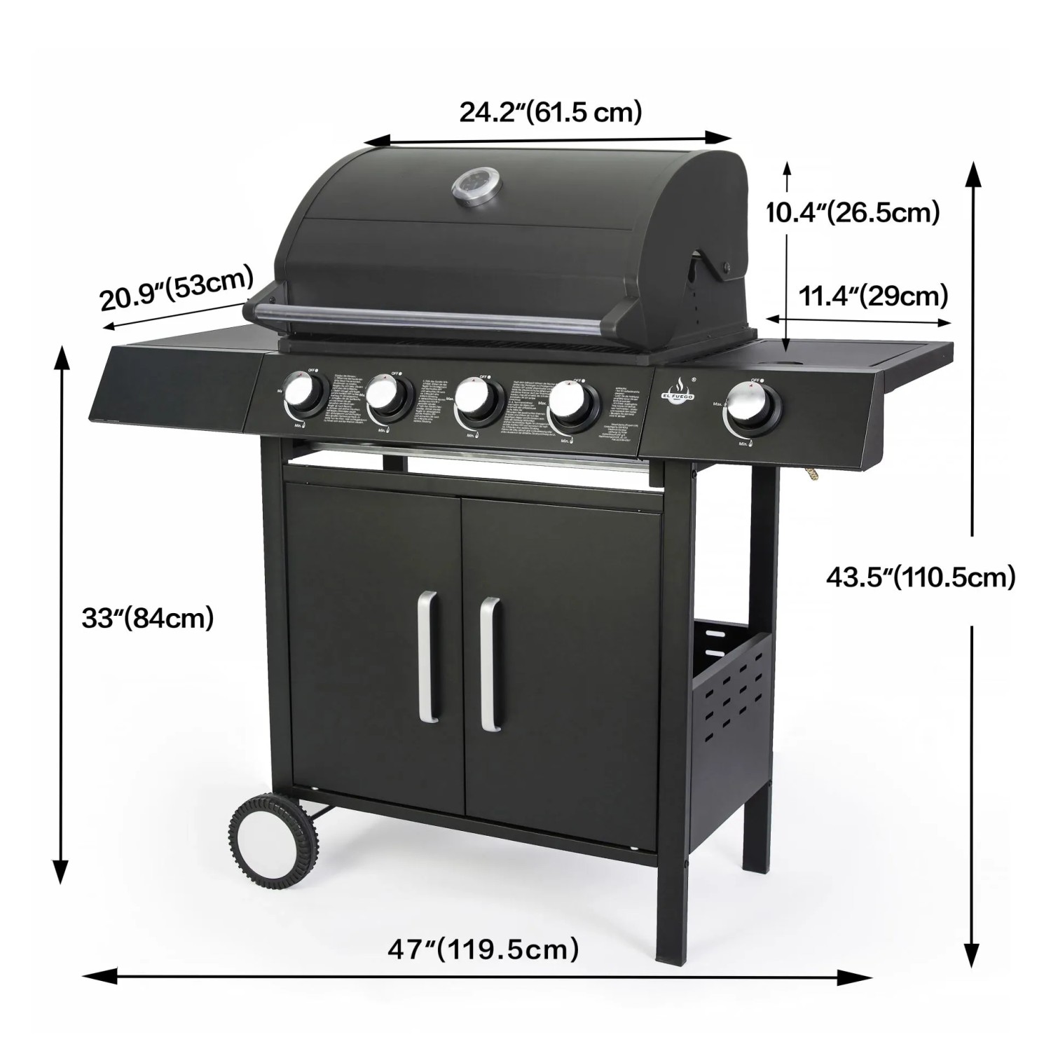 Schwarzer El Fuego Gasgrill San Angelo mit 4+1 Brennern, Unterschrank und Seitenablage.