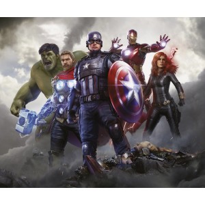 Komar Vlies Fototapete mit den Marvel Avengers Hulk, Thor, Captain America, Iron Man und Black Widow.