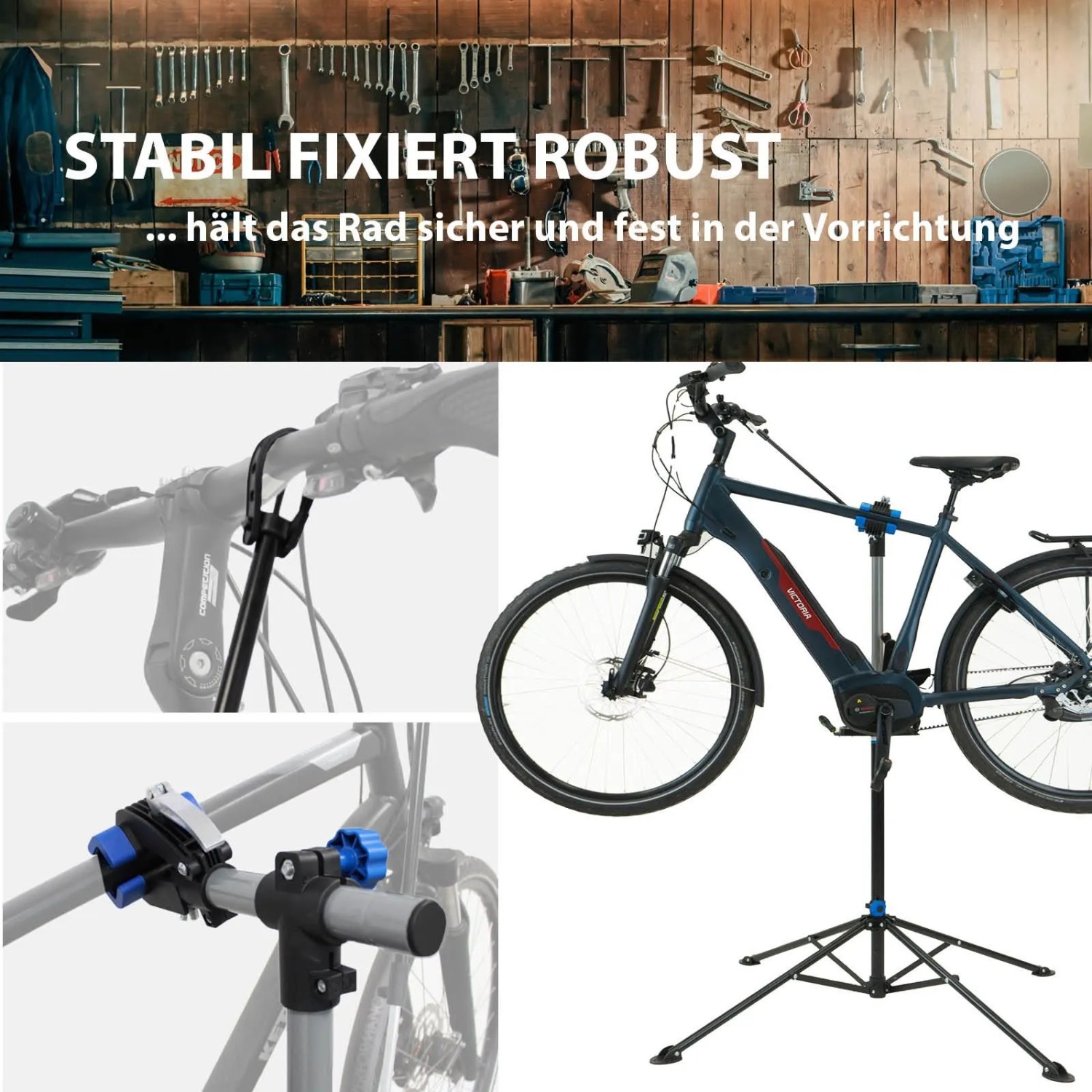 TRUTZHOLM Fahrradmontageständer mit Werkzeugablage für Wartung und Reparatur.