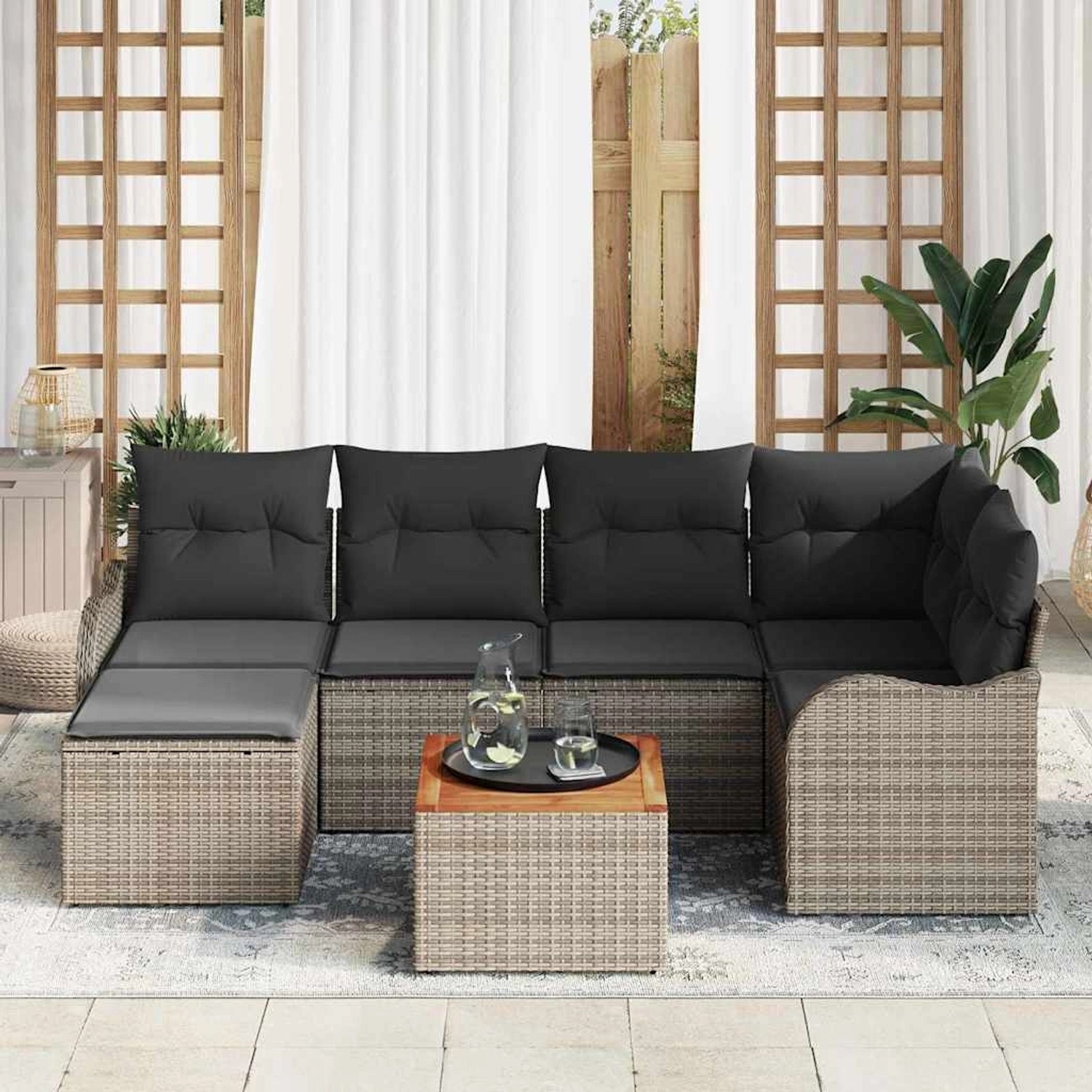 Graues 7-teiliges vidaXL Garten-Sofa-Set aus Poly Rattan mit Tisch und modularem Design.