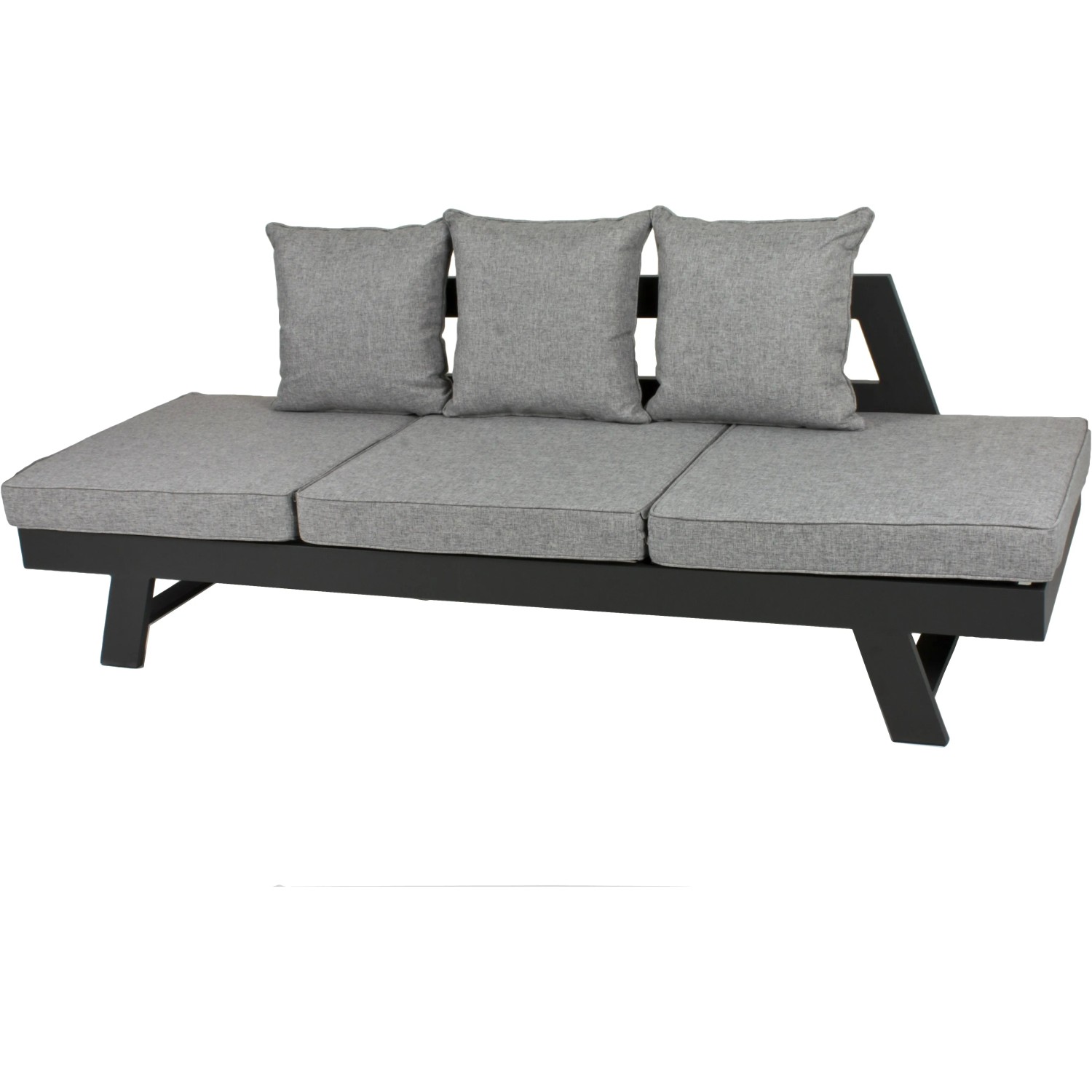 Graues Funktionssofa Donna für den Garten mit Aluminiumgestell und drei Kissen.