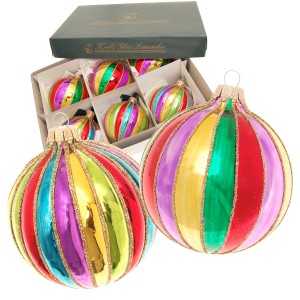 6-teiliges Set Krebs Glas Lauscha Weihnachtskugeln Bright, 8 cm, mit bunten Streifen und Goldglitter.