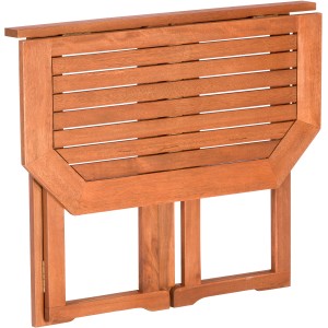 Zusammengeklappter, brauner Klapptisch aus Eukalyptus-Holz für den Balkon, 90x50 cm.