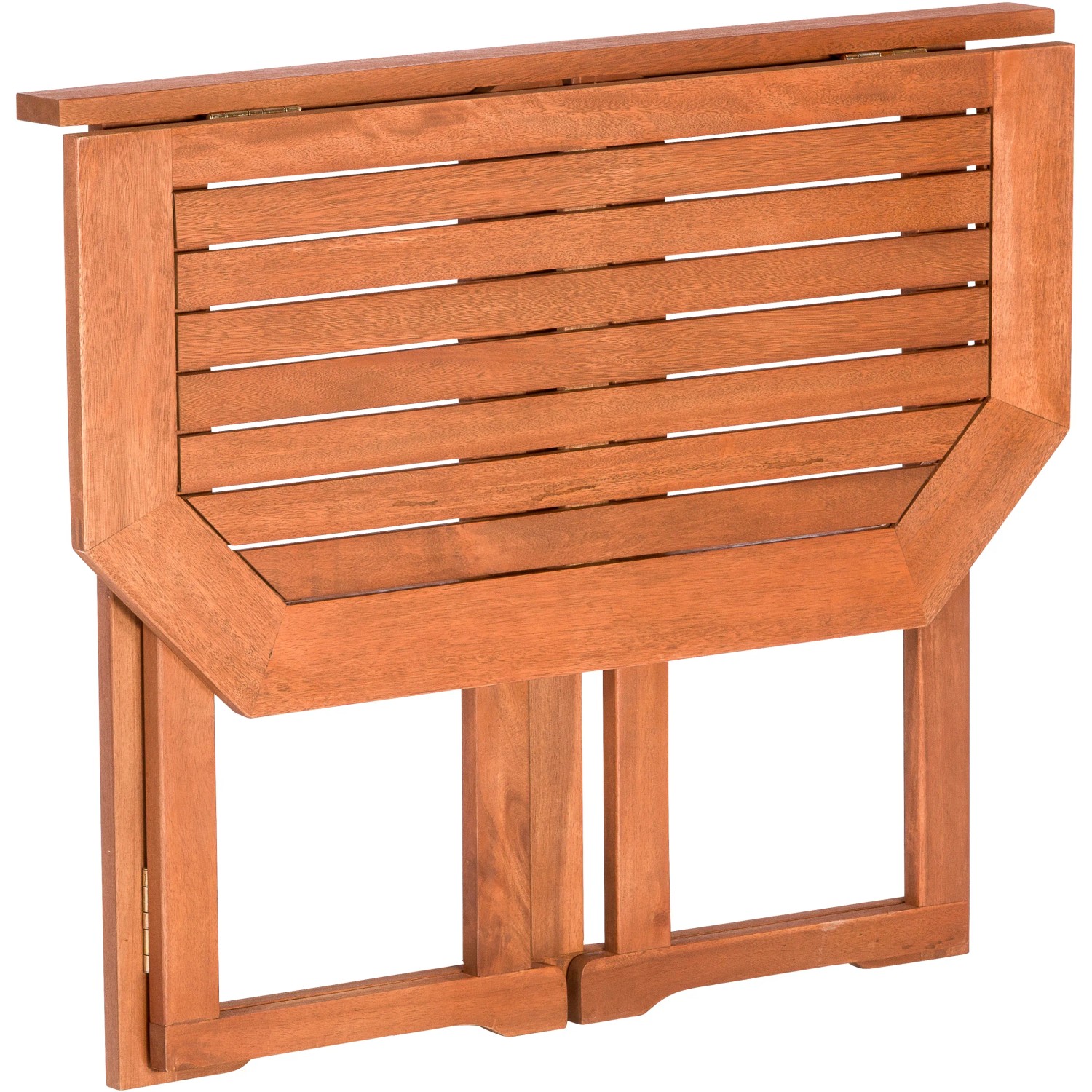 Zusammengeklappter, brauner Klapptisch aus Eukalyptus-Holz für den Balkon, 90x50 cm.