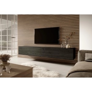Selsey TV-Hängeboard Bisira 200 cm in schwarzgrauer Esche-Holzoptik, schwebend unter einem TV an einer Holzlamellenwand.