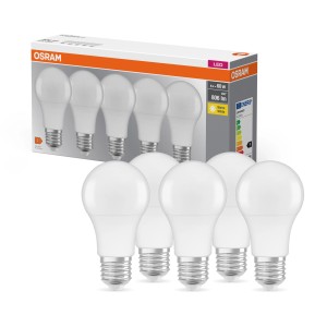 5er Set Osram LED-Leuchtmittel E27 in Glühlampenform, 8,5 W, warmweiß, nicht dimmbar.
