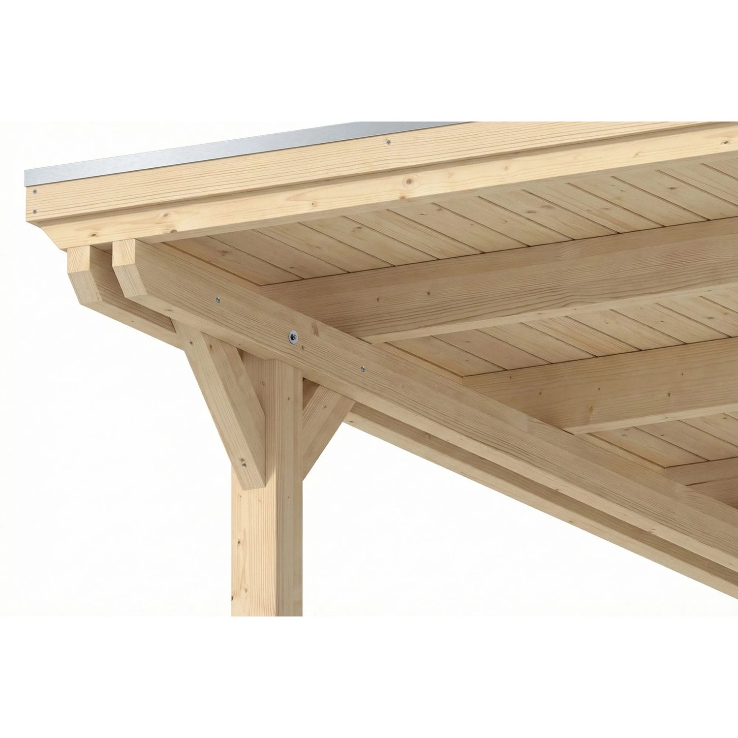 Skan Holz Carport Emsland: Detail der robusten Leimholzkonstruktion mit Dachschalung und Aluminium-Abschlusskante.