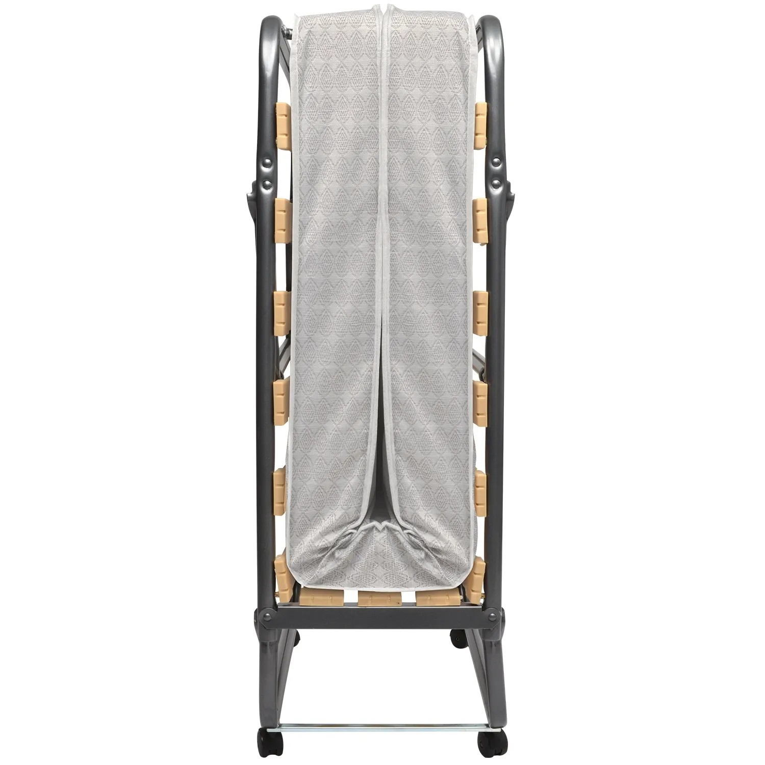 Zusammengeklapptes Veraflex Colonia Gästebett 90x200 cm mit Schutzhülle und Rollen.