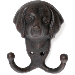 Schwarzer Wandhaken in Hundeform aus Gusseisen mit 2 Haken, 12,5 cm, für die Gartendekoration.