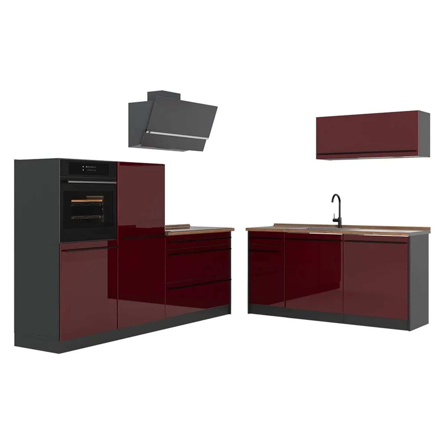 Vicco Küchenzeile R-Line Rot Hochglanz/Anthrazit 220 x 143 Arbeitsplatte Goldkraft Eiche Art Nr 66303