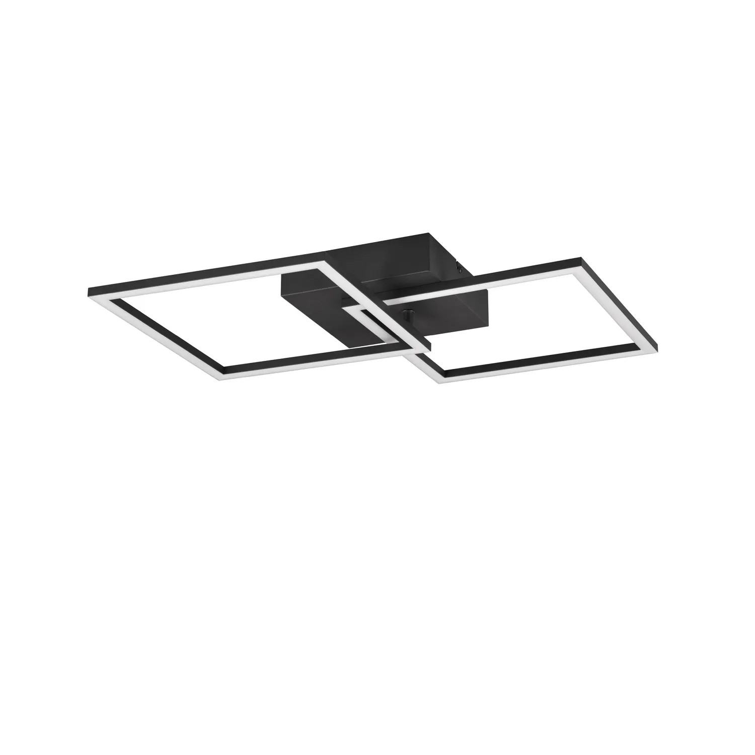 Moderne, schwarze LED-Deckenleuchte mit zwei schwenkbaren, quadratischen Elementen.