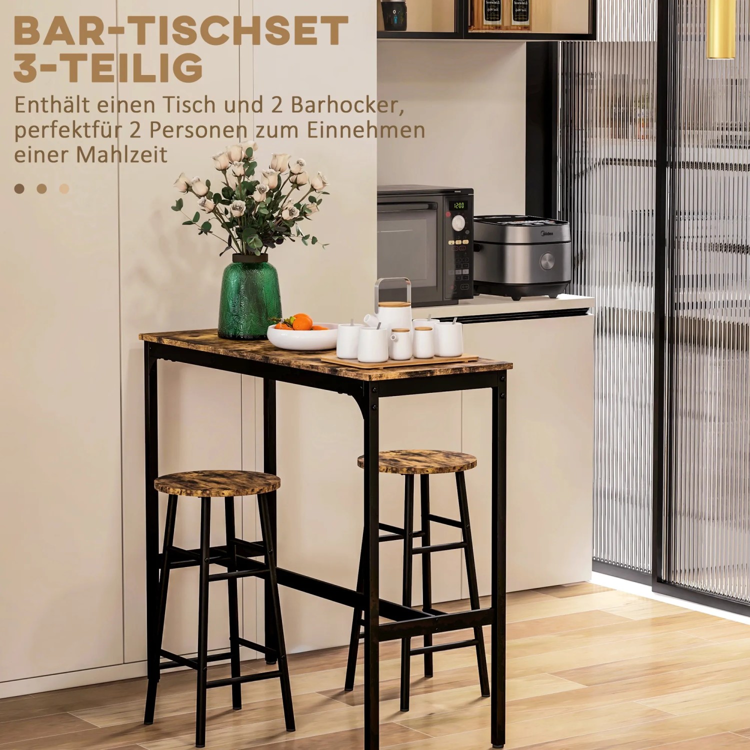 HOMCOM Bartisch-Set im Industrie-Design mit Tisch und 2 Barhockern in Rustikal-Braun.