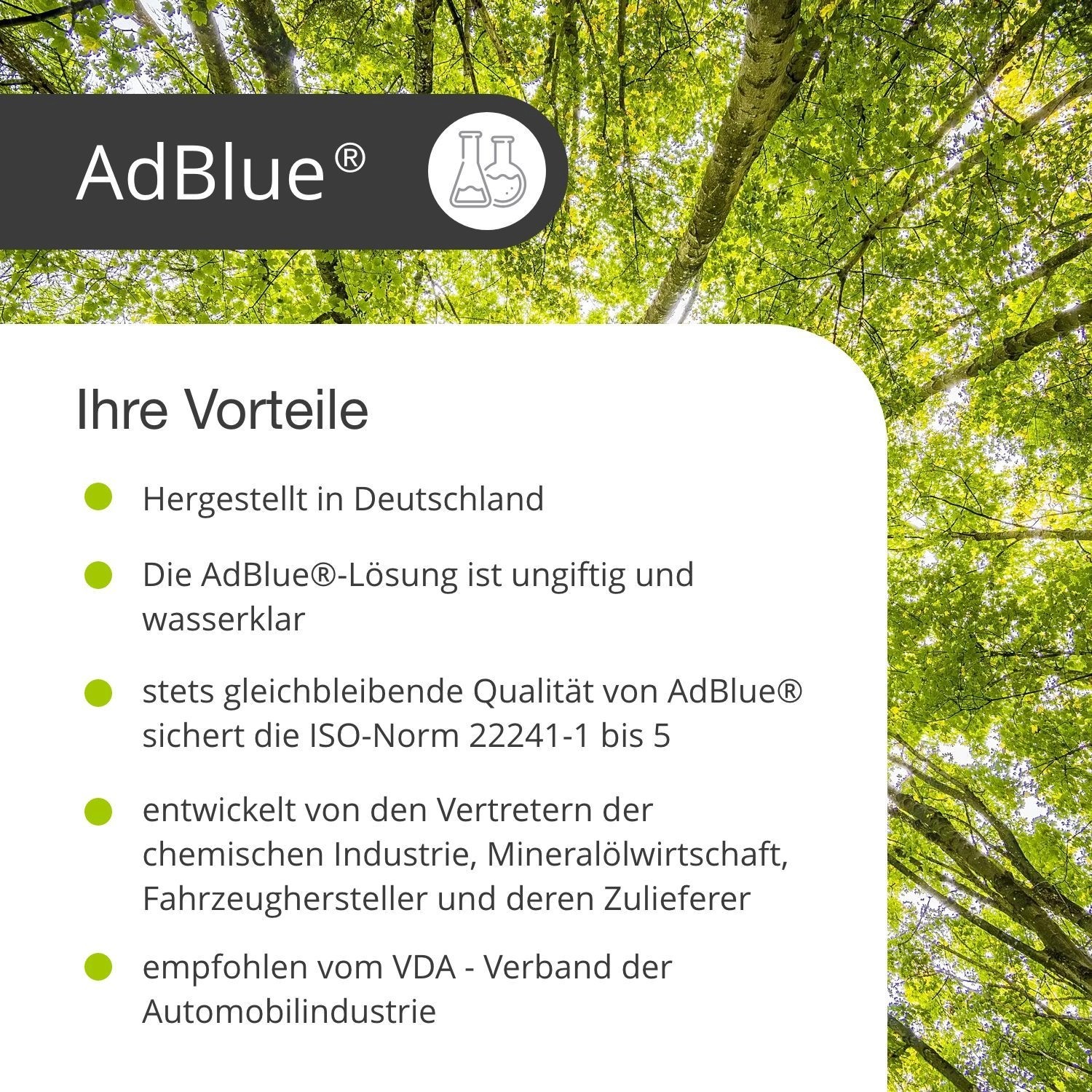 Vorteile von AdBlue: Hergestellt in Deutschland, ungiftig, hohe Qualität, von VDA empfohlen.