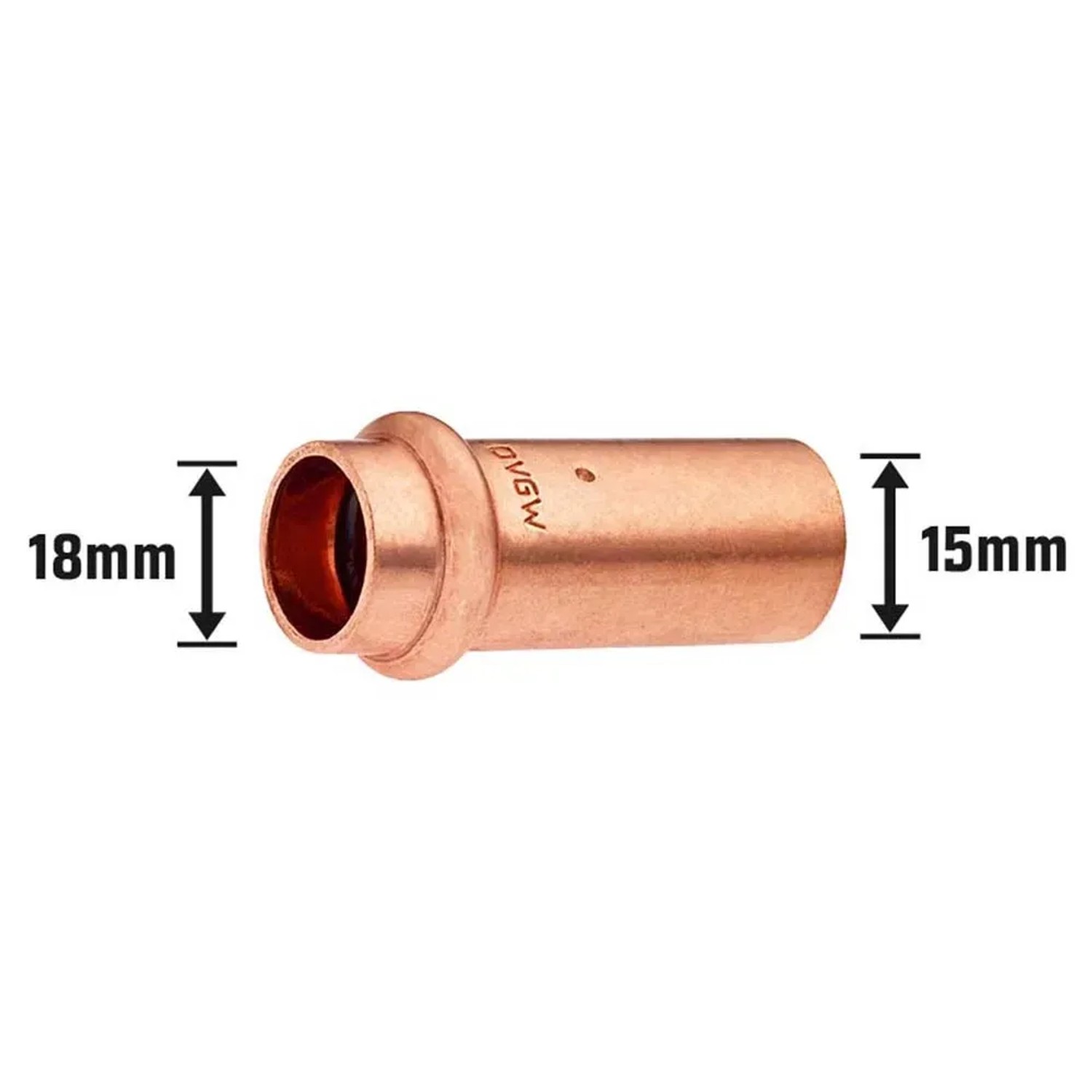 Press-Absatznippel aus Kupfer, 18 mm auf 15 mm, für Kupferrohr-Verbindungen in der Trinkwasserinstallation.