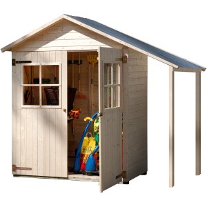Weka Terrassenschrank Größe 2 mit Doppeltür und Schleppdach aus naturbelassenem Holz, Tür geöffnet.