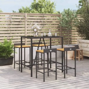 vidaXL Gartenbar-Set, 5-teilig, schwarz, Rattan, Akazienholz. Bar-Tisch mit 4 Hockern für Terrasse und Garten.