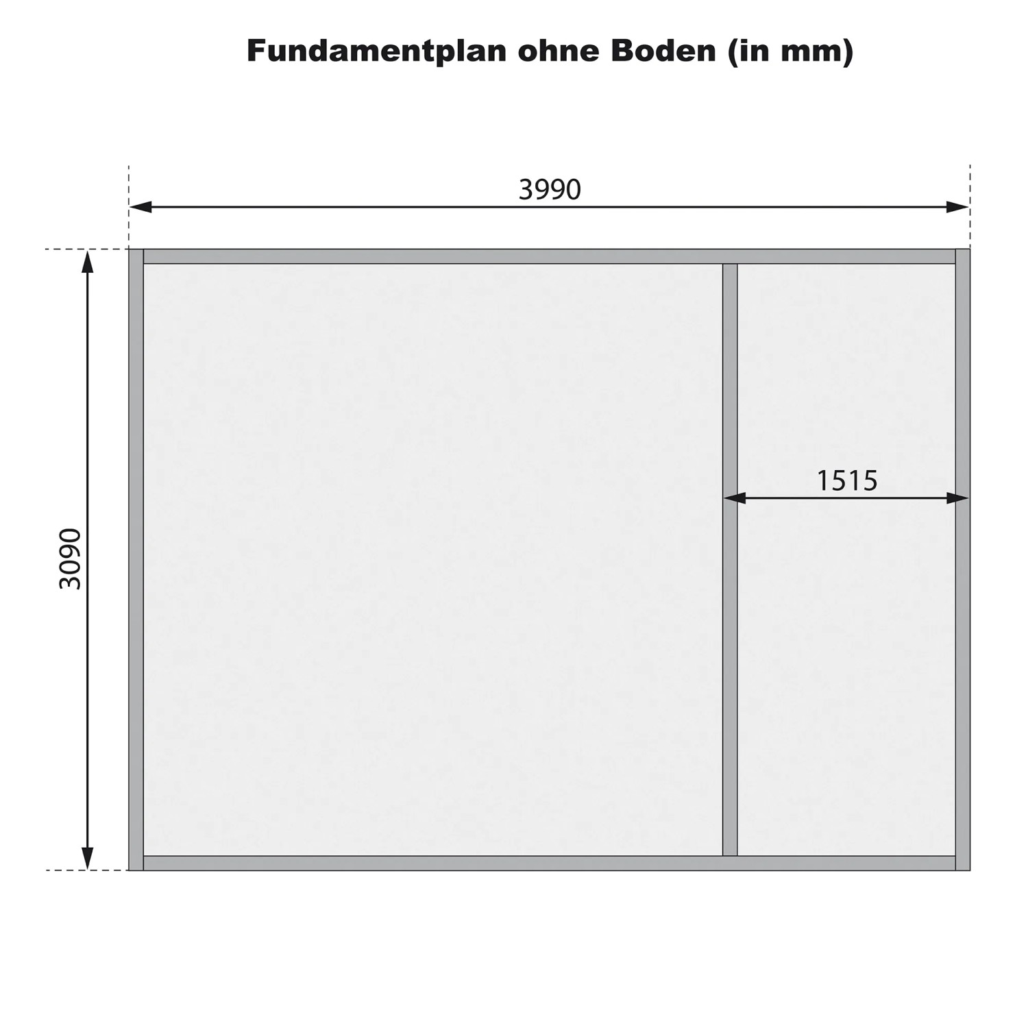 Fundamentplan des Karibu Holz-Gartenhauses Normes, Maße: 402 x 312 cm.