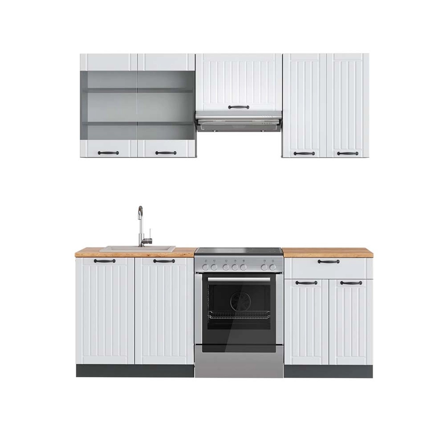 Vicco Fame-Line Küchenzeile Weiß Landhaus/Anthrazit 200 cm AP Eiche günstig online kaufen