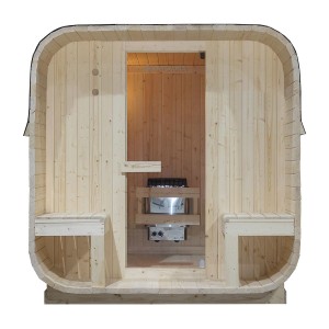 Artsauna Cube Fasssauna Nolvik XXL aus Fichte mit Ofen und Bänken.