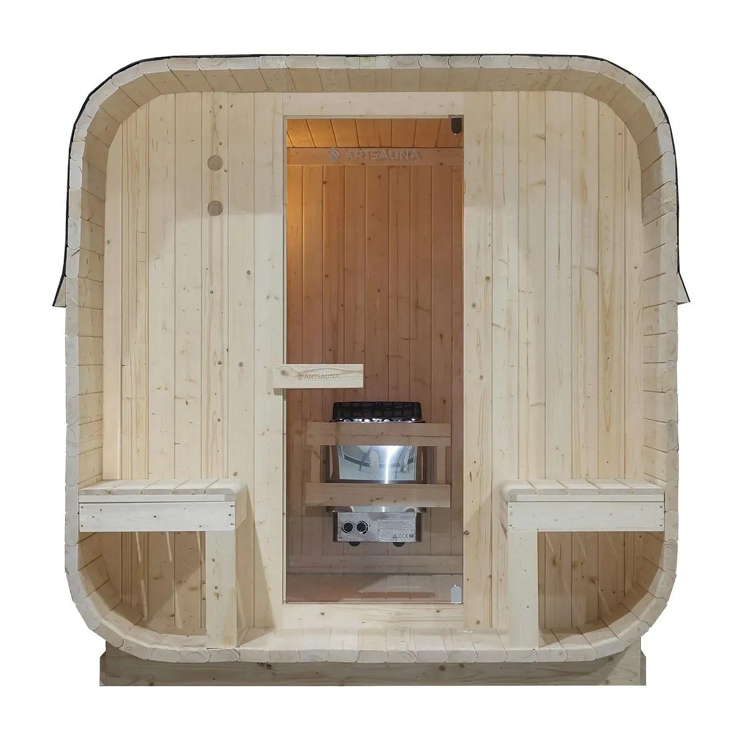 Artsauna Cube Fasssauna Nolvik XXL aus Fichte mit Ofen und Bänken.