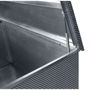Geöffnete anthrazitfarbene Wilk Aufbewahrungsbox in Rattanoptik mit Gasdruckfeder.