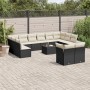 Schwarze vidaXL Garten-Sofagarnitur (13-tlg) aus Poly Rattan mit cremefarbenen Kissen auf einer Terrasse.
