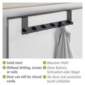 Schwarze Wenko Türgarderobe Celano mit 6 Haken an weißer Tür. Praktische Hängegarderobe aus Stahl.