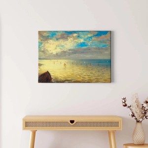 Leinwandbild mit maritimem Motiv im Stil des Impressionismus mit Segelschiffen in Hellblau und Gelb.