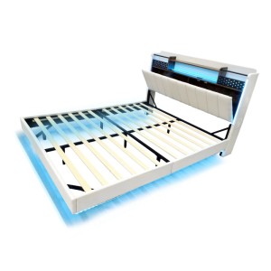 okwish Polsterbett 140×200 Kinderbett mit LED-Beleuchtung und USB-Steckdose ohne Matratze