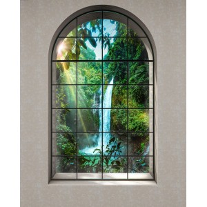 Komar Fototapete Rainforest: Fensterblick auf Wasserfall im grünen Dschungel.