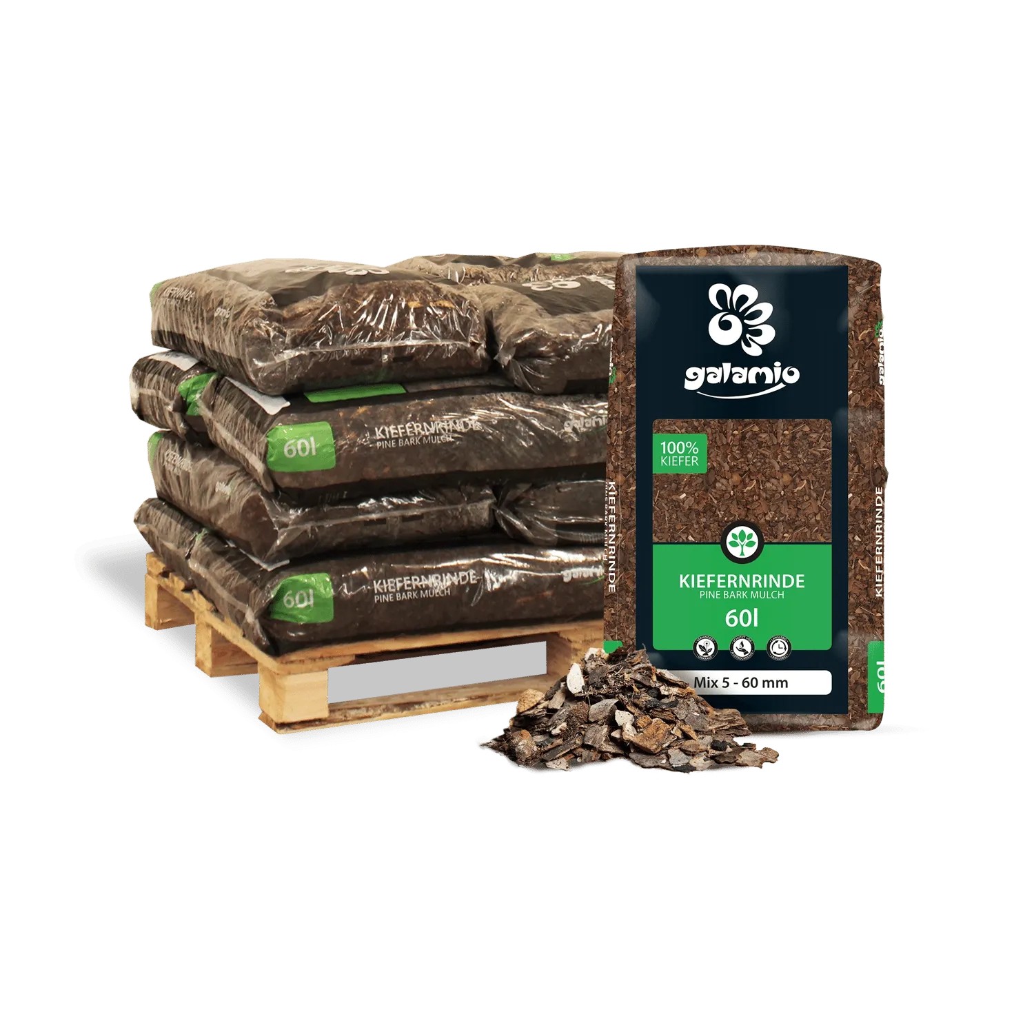 Galamio Kiefer Rindenmulch 60l Säcke auf Holzpalette. Rotbrauner Mulch Mix schützt Gartenboden vor Unkraut.