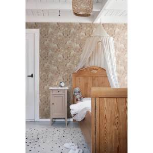 Kinderzimmer mit sandbeiger ESTAhome Tapete mit Einhörnern. Dekorative Vliestapete.