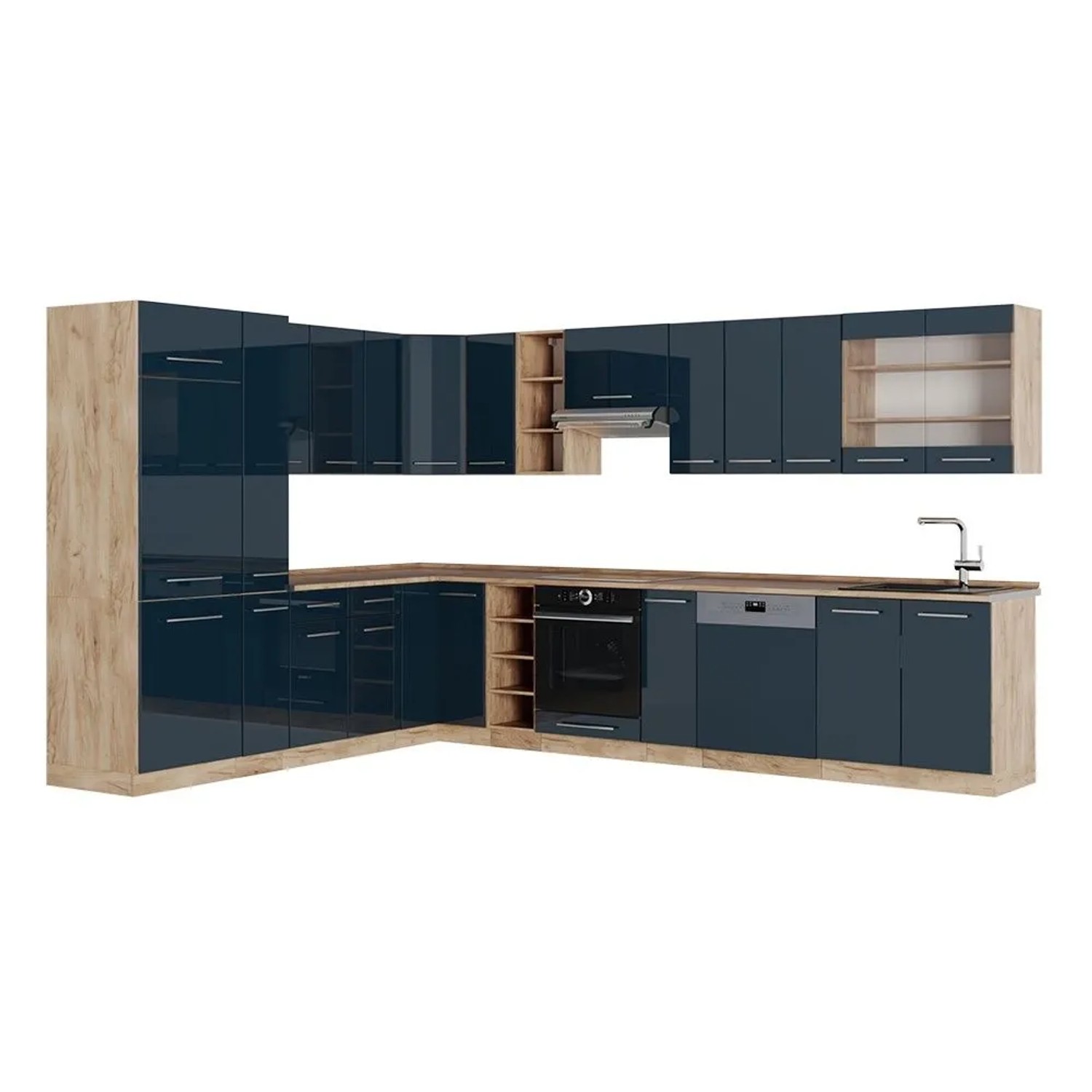 Vicco Eckküche Fame-Line Dunkelblau Hochglanz/Goldkraft Eiche 347 x 82, AP Eiche