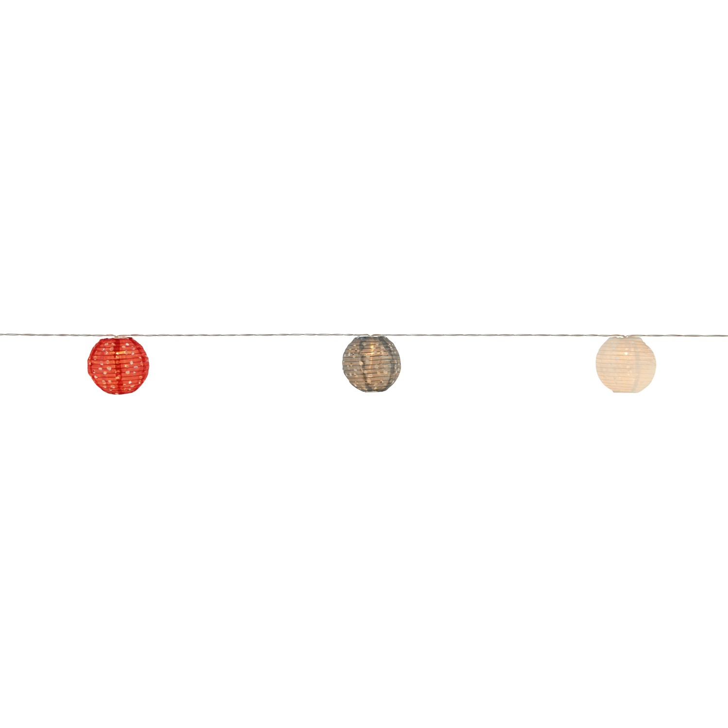 Bunte Solar-Lichterkette Fiuggi mit 10 Lampions (rot, grau, weiß) und warmweißen LEDs.