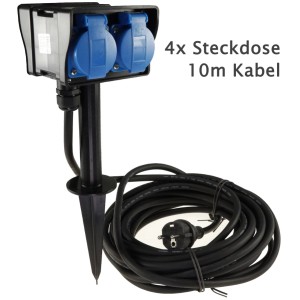 Schwarze Gartensteckdose mit Erdspieß, 4 blauen IP44 Schutzkontaktsteckdosen und 10m Kabel.
