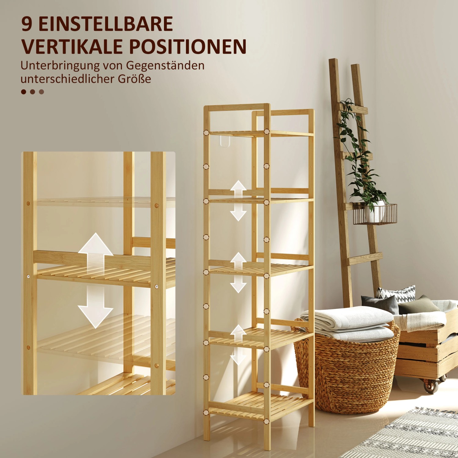 HOMCOM Badregal aus Bambus mit 5 verstellbaren Ablagen in Naturholzoptik.