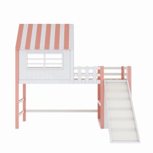 Rosa-weißes Kinderhochbett aus Massivholz mit gestreiftem Dach, Fenster, Rutsche und Leiter. Ideal für Spiel & Schlaf.